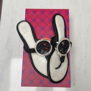 Tory Burch Black and White Miller Fringe Sandal